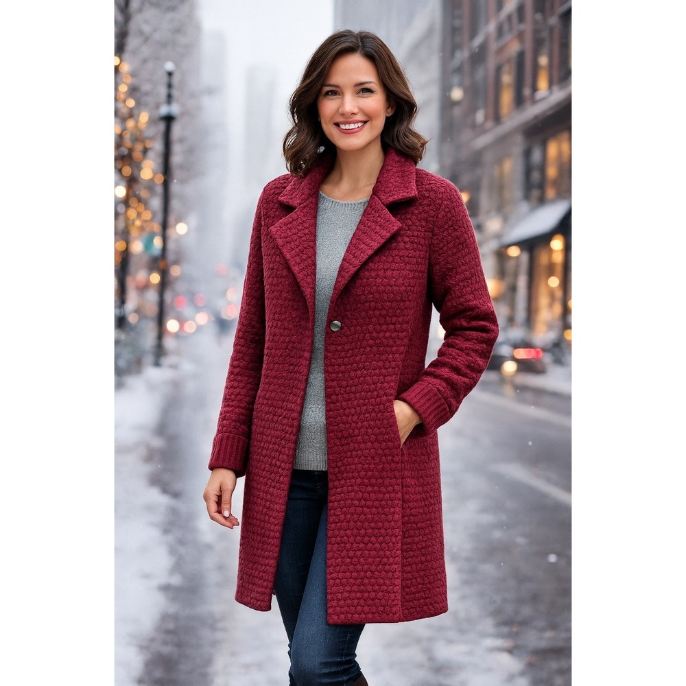 Dialogue Red Merino Wool Blend One Button Cardigan Chunky Knit Petite‎ XL Coat